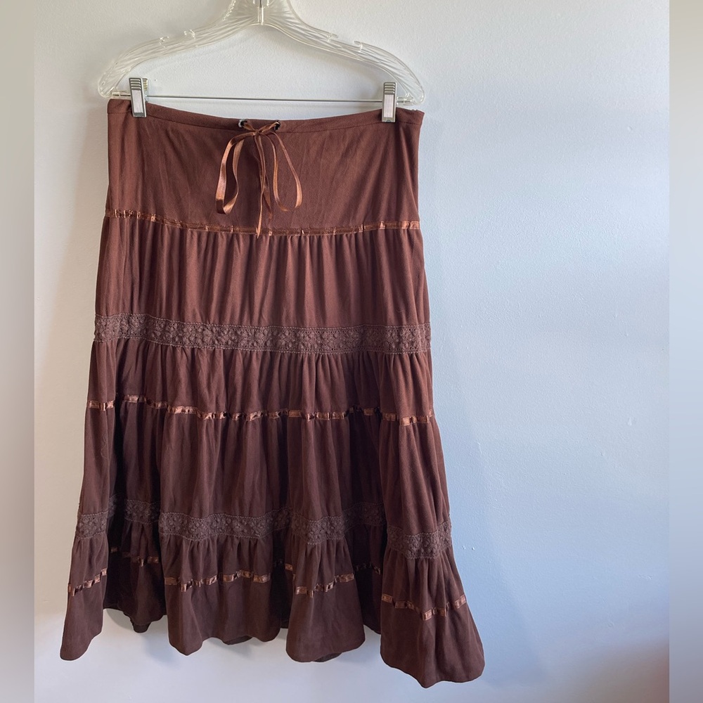 Tracy Evans Limited Vintage tiered brown maxi skirt Y2K boho aesthetic.